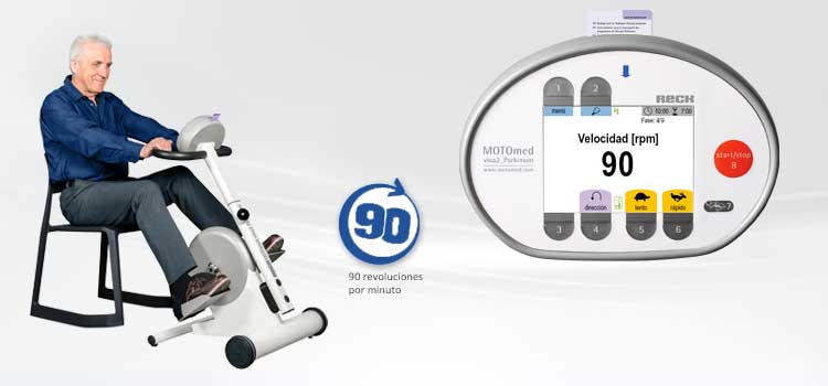 En la parte izquierda de la página puede ver un hombre durante el ejercicio de piernas en el modelo MOTOmed viva2 Parkinson. En la parte derecha de la página puede ver la unidad de mando del MOTOmed viva2 Parkinson.